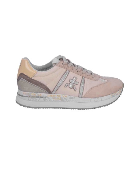 Shop PREMIATA  Shoes: Premiata "Conny" sneakers in mix of materials.
Model with round tip.
Lace closure.
Logo application on the tongue.
Padded ankle.
Sole height 4 cm.
Internal Fusbet 27 cm.
Composition: SOLE: 85% EVA 15% PHYLON (PLASTIC MATERIAL) UPPER: 40% CALF LEATHER 30% PL 10% PA 10% PU 10% PC LINING: 100% GOAT LEATHER
Made in Vietnam.. CONNY -6671